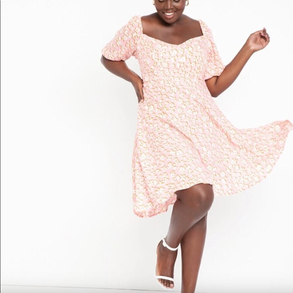 Eloquii Bashful Blooms A-Line Dress with Puff Sleeves Plus Size 24